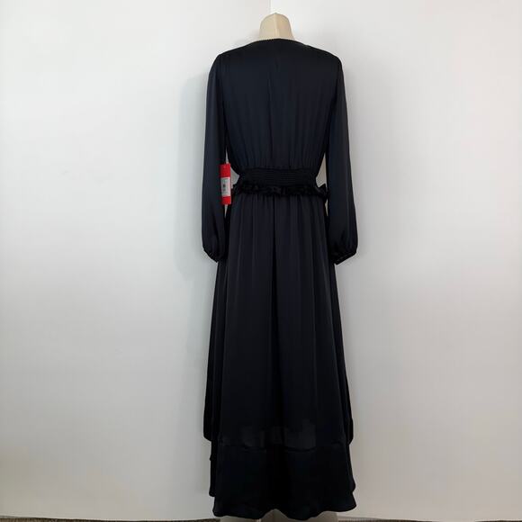 Monique Lhuillier ML Navy Satin Dress High-Low Long Sleeve V-Neck 4 NWT - Picture 10 of 16